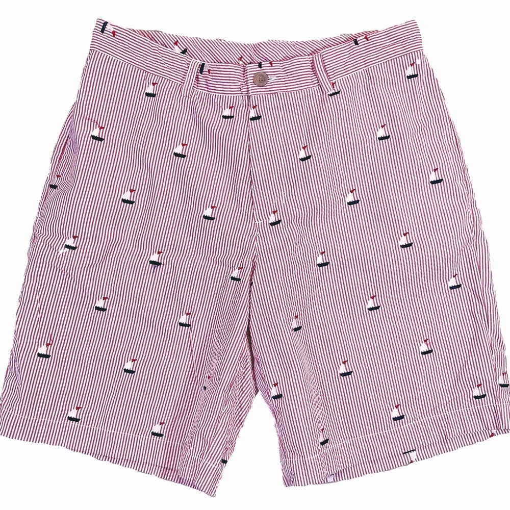Classic Preppy Red Seersucker Men’s Shorts with embroidered sailboats